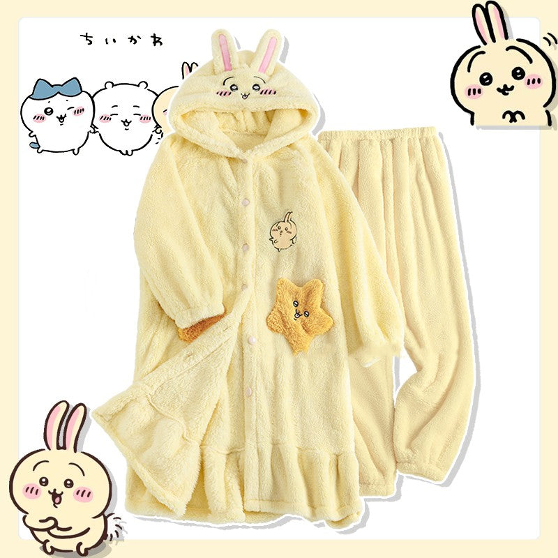 Usagi sleepwear women's cute winter coral fleece pajamas